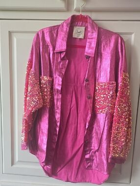Fantastic Fawn Metallic Hot Pink Sequin Sleeve Jean Shacket